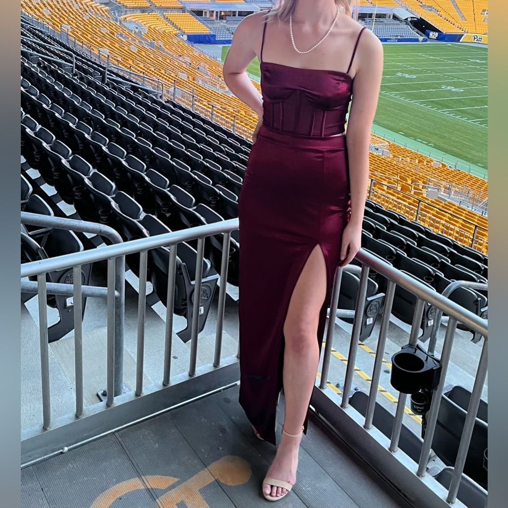 Lulu’s 2-Piece Satin Corseted Maxi Dress
